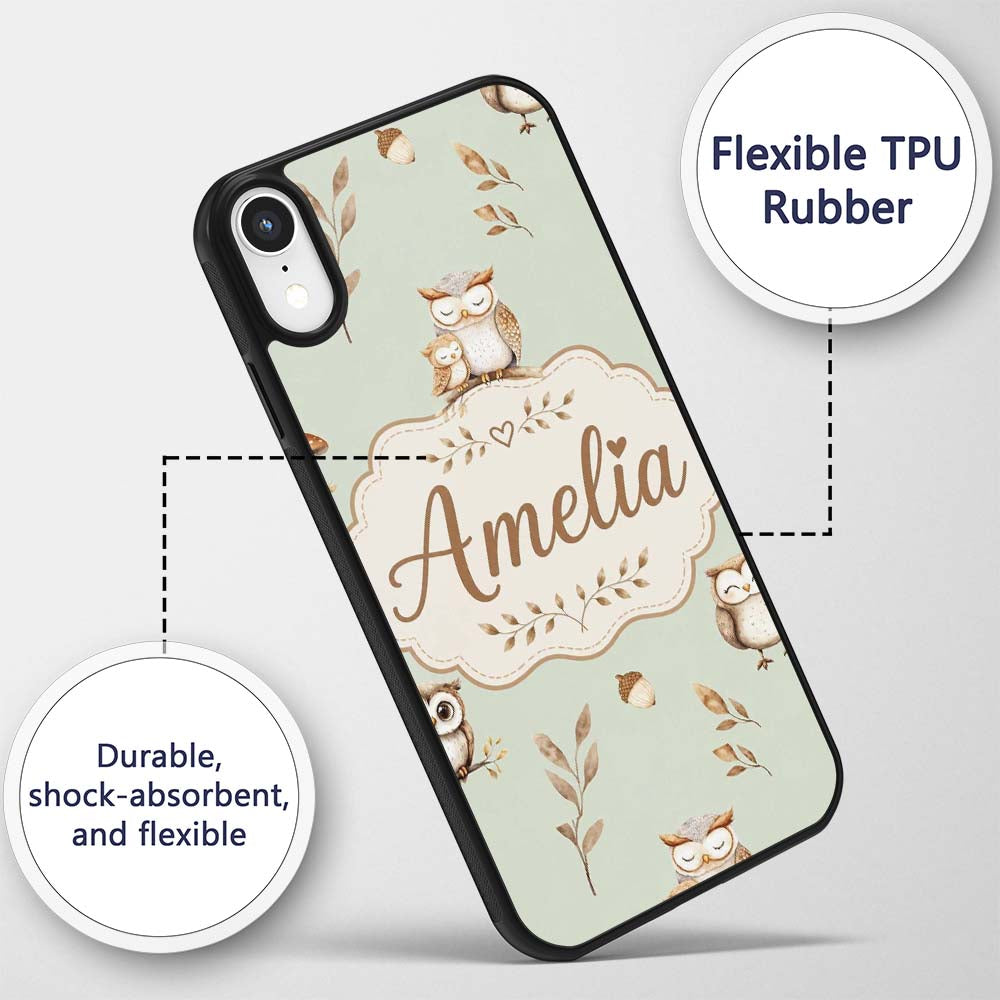 Cute Woodland Owls Mushrooms and Leaves Sage Custom Name Protective Phone Case Mobile Cover Durable Everyday Smartphone Shock Resistant