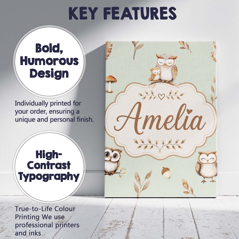 Personalised Name Cute Woodland Owls Custom Premium Decorative Design Modern Room Accent Canvas Wall Art Print Decor Picture Ready to Hang