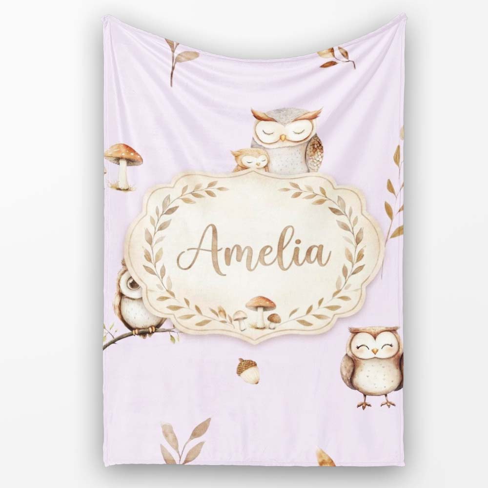 Cute Woodland Owls Mushrooms and Leaves Soft Lavender Background Personalised Custom Name Super Soft Fleece Blanket Bed Sofa Throw