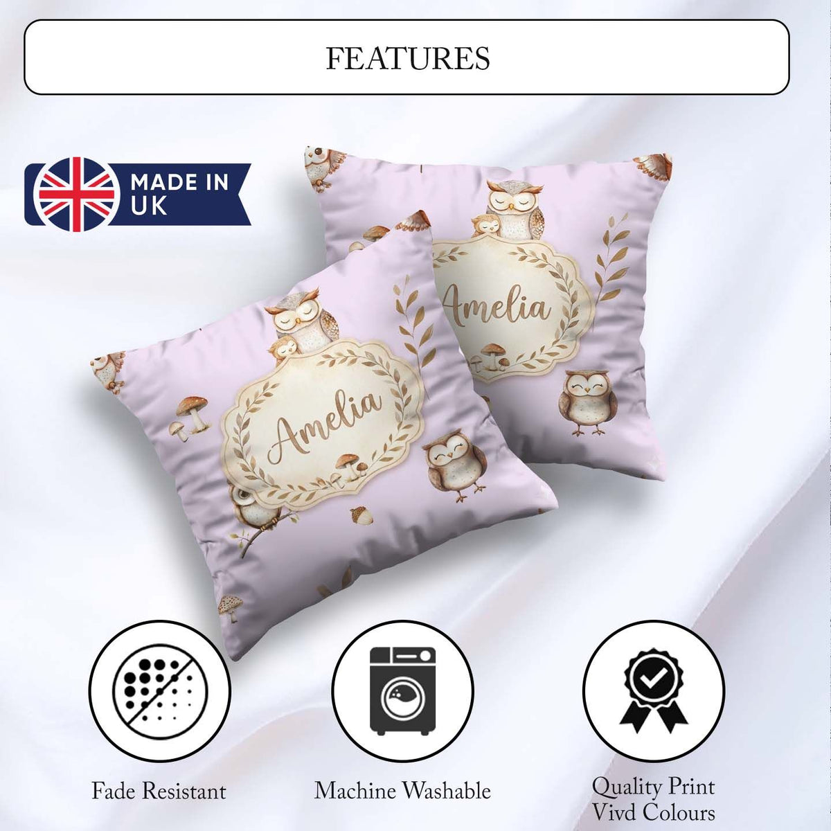 Custom Name Woodland Owls Mushrooms and Soft Lavender Background Square Filled Cushion Throw Pillow Sofa Bed Home Decor Zip Washable UK Made