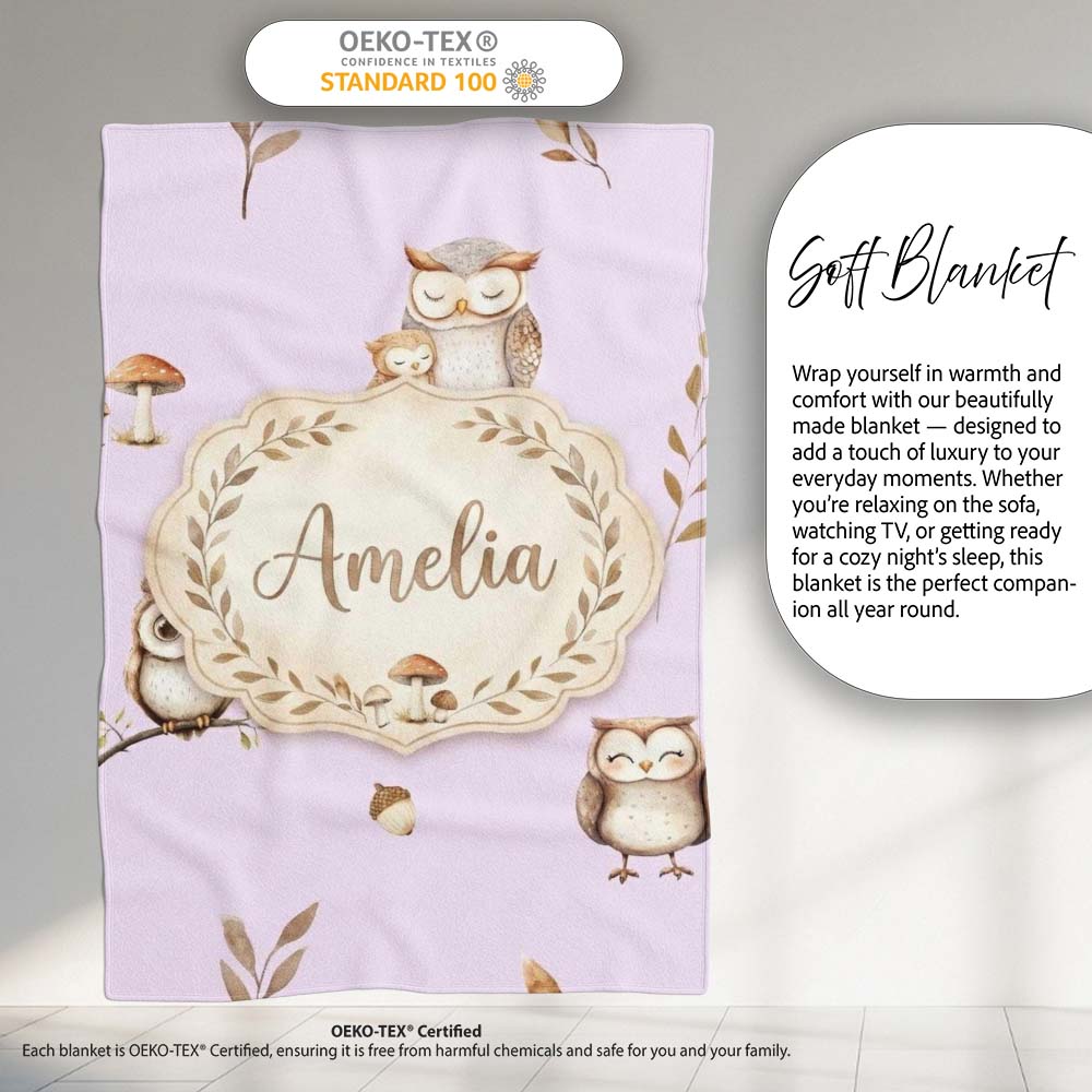 Cute Woodland Owls Mushrooms and Leaves Soft Lavender Background Personalised Custom Name Super Soft Fleece Blanket Bed Sofa Throw