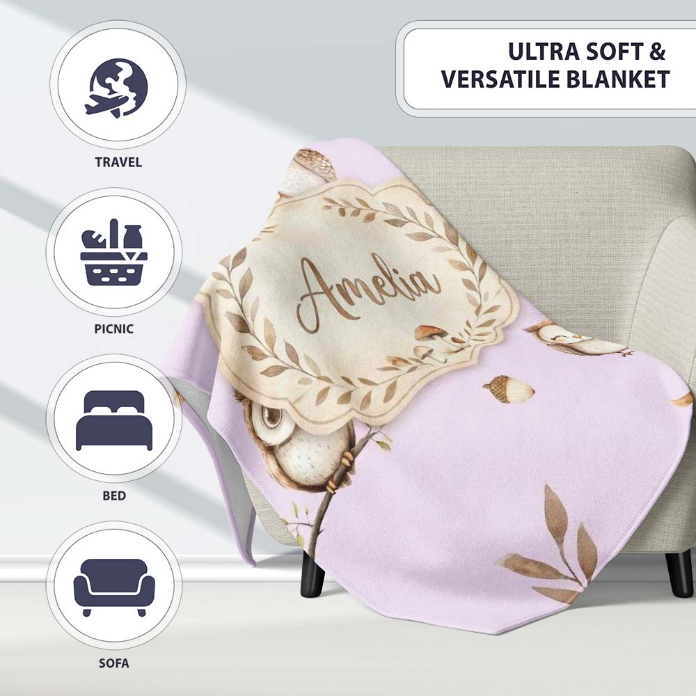 Cute Woodland Owls Mushrooms and Leaves Soft Lavender Background Personalised Custom Name Super Soft Fleece Blanket Bed Sofa Throw