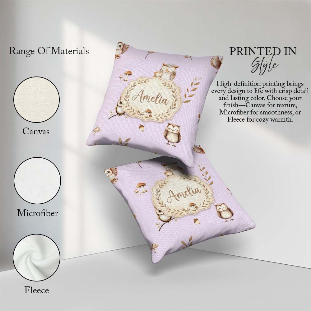 Custom Name Woodland Owls Mushrooms and Soft Lavender Background Square Filled Cushion Throw Pillow Sofa Bed Home Decor Zip Washable UK Made