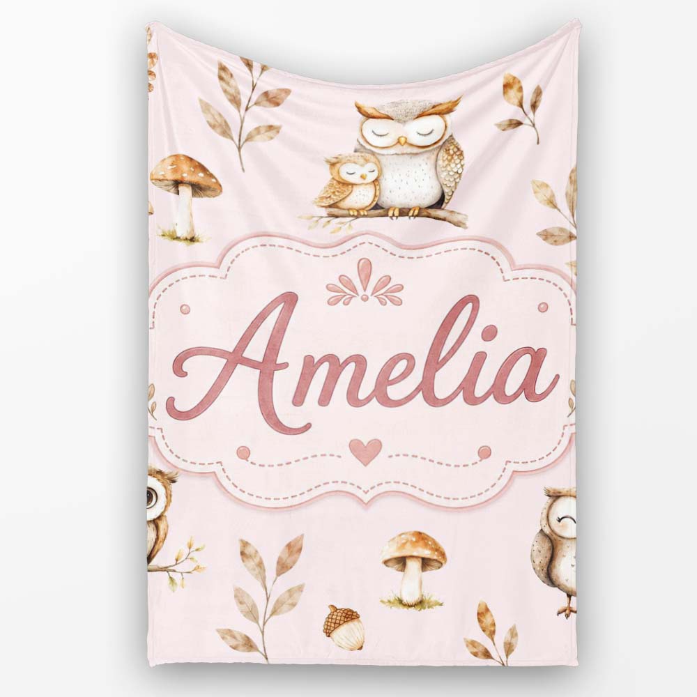 Cute Woodland Owls Mushrooms and Leaves Soft Beige Background Lovely Personalised Custom Name Super Soft Fleece Blanket Bed Sofa Throw