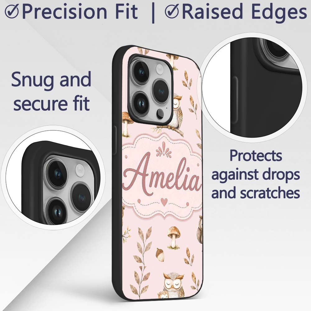 Cute Woodland Owls Mushrooms and Leaves Soft Custom Name Protective Phone Case Mobile Cover Durable Everyday Smartphone Shock Resistant
