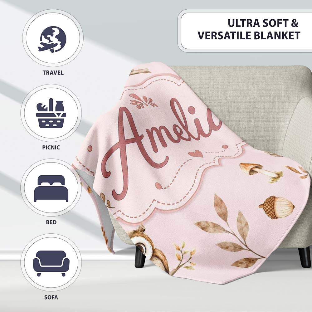 Cute Woodland Owls Mushrooms and Leaves Soft Beige Background Lovely Personalised Custom Name Super Soft Fleece Blanket Bed Sofa Throw