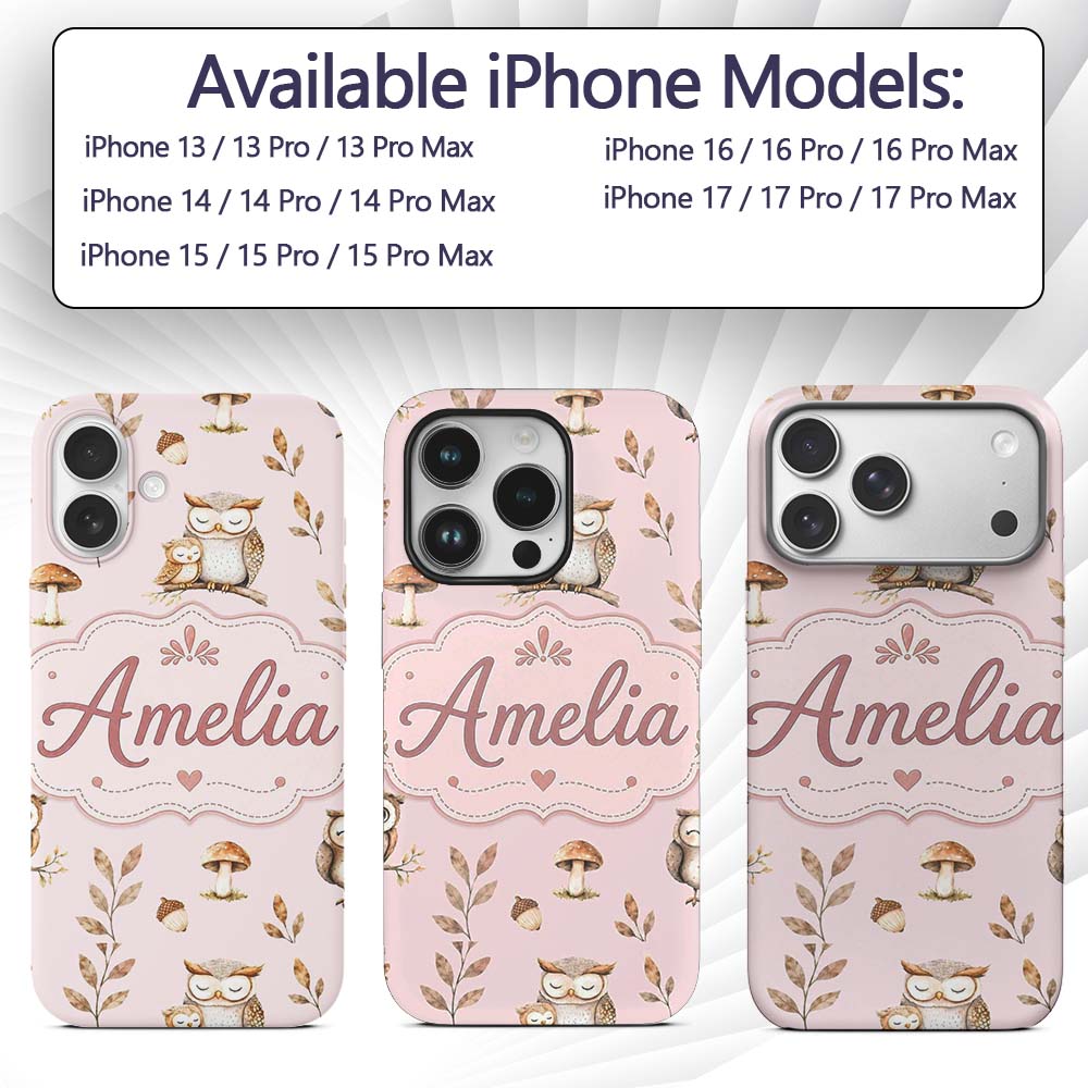 Cute Woodland Owls Mushrooms and Leaves Soft Custom Name Protective Phone Case Mobile Cover Durable Everyday Smartphone Shock Resistant