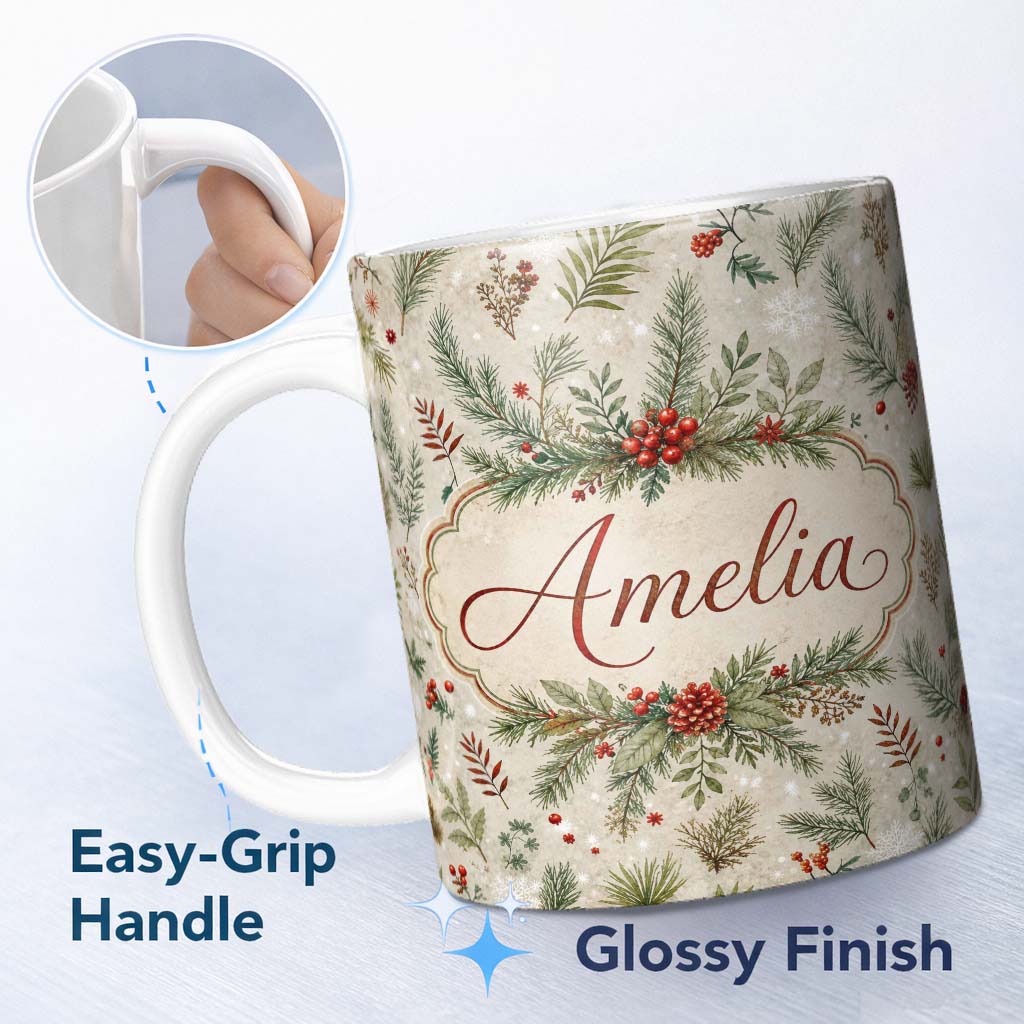 Personalized Custom Name Winter Botanical Pine Branch Berry Snowflake Seamless Pattern Lovely 11oz Ceramic Coffee Tea Mug White Large Handle
