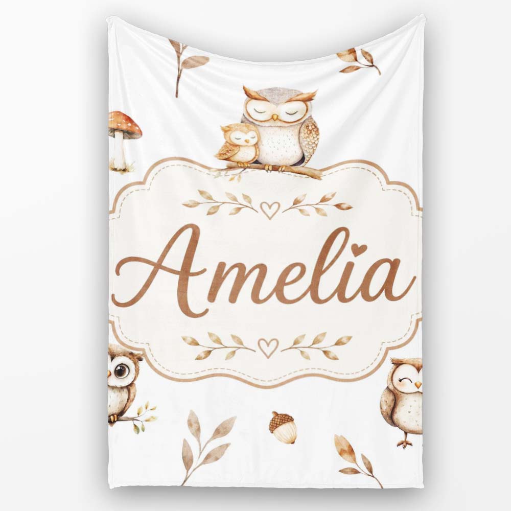 Cute Woodland Owls Mushrooms and Leaves Light Grey Background Lovely Personalised Custom Name Super Soft Fleece Blanket Bed Sofa Throw