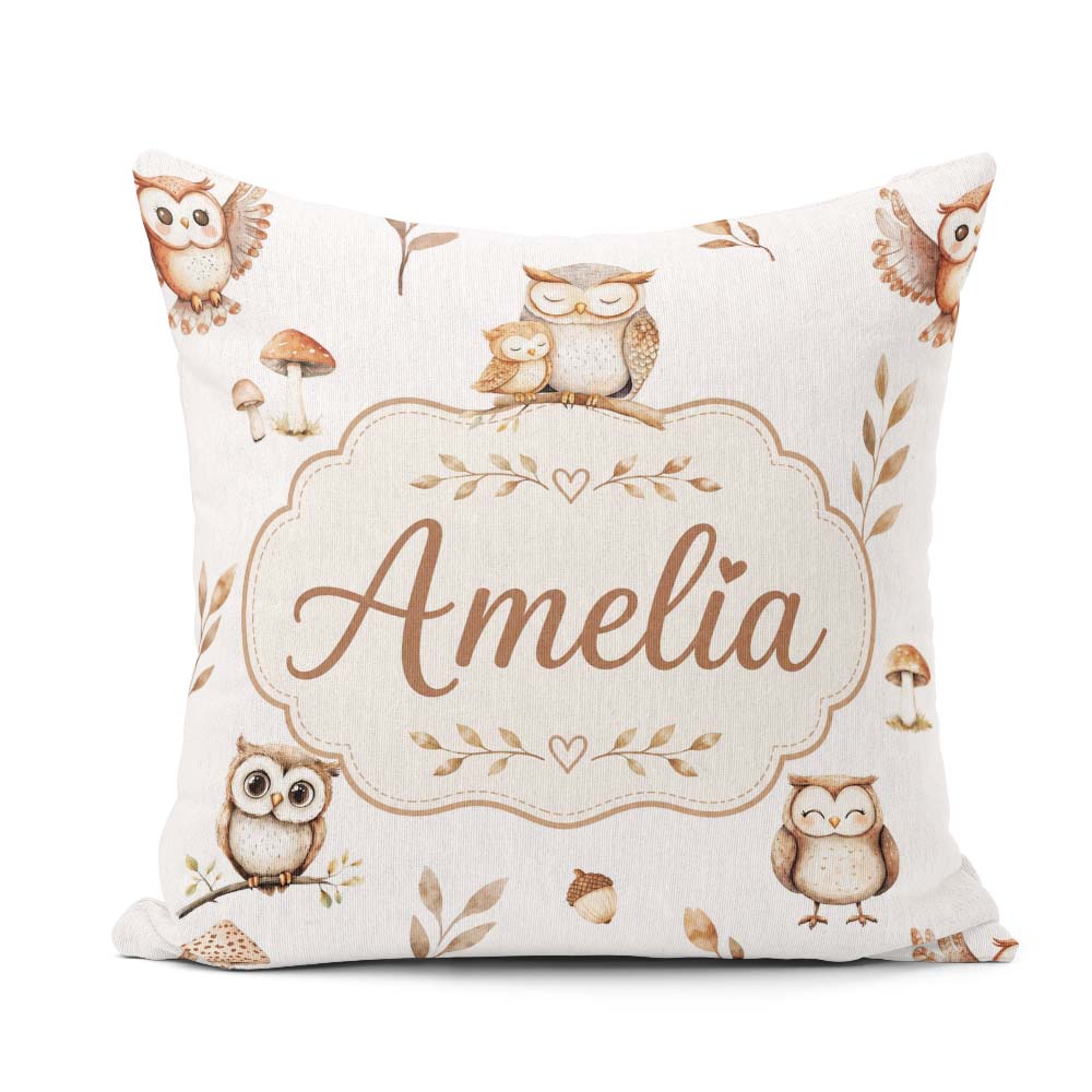 Custom Name Cute Owls Mushrooms and Leaves Light Grey Background Square Filled Cushion Throw Pillow Sofa Bed Home Decor Zip Washable UK Made