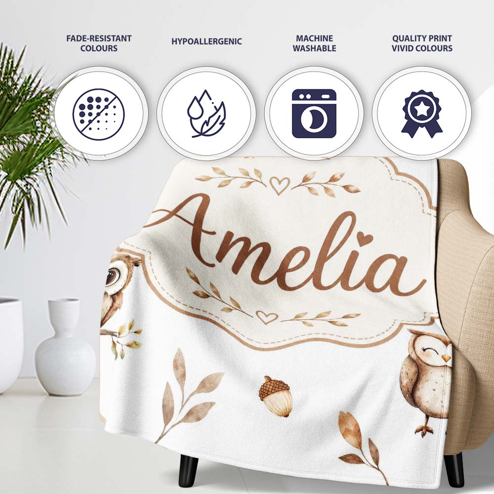 Cute Woodland Owls Mushrooms and Leaves Light Grey Background Lovely Personalised Custom Name Super Soft Fleece Blanket Bed Sofa Throw