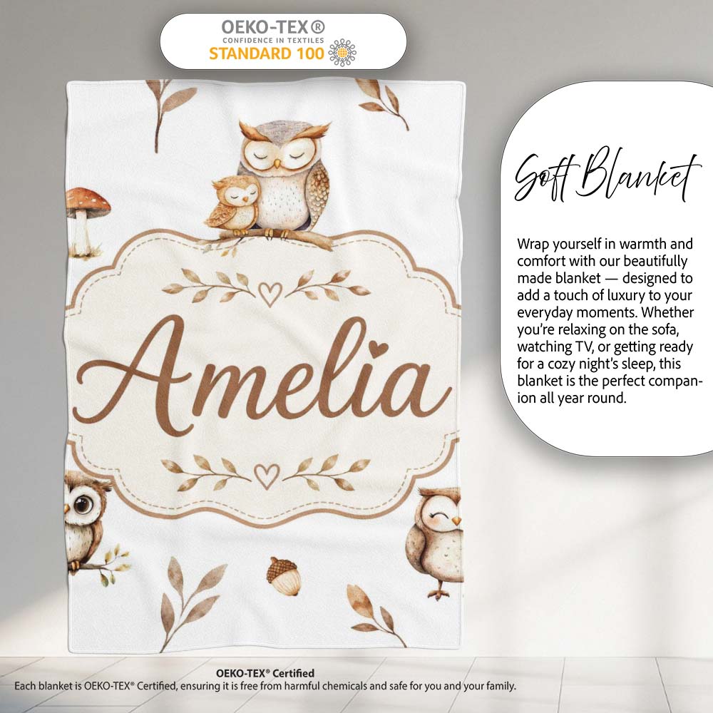 Cute Woodland Owls Mushrooms and Leaves Light Grey Background Lovely Personalised Custom Name Super Soft Fleece Blanket Bed Sofa Throw