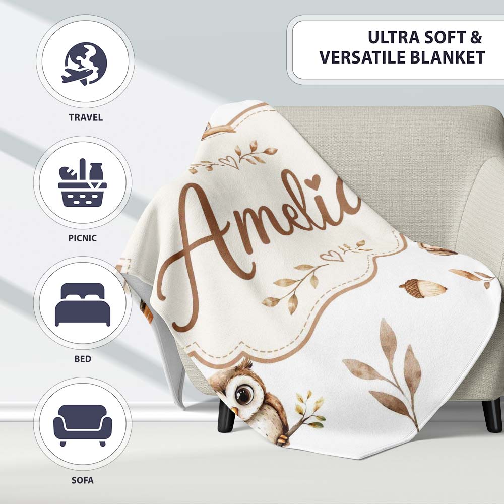Cute Woodland Owls Mushrooms and Leaves Light Grey Background Lovely Personalised Custom Name Super Soft Fleece Blanket Bed Sofa Throw