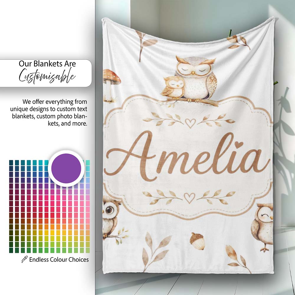 Cute Woodland Owls Mushrooms and Leaves Light Grey Background Lovely Personalised Custom Name Super Soft Fleece Blanket Bed Sofa Throw