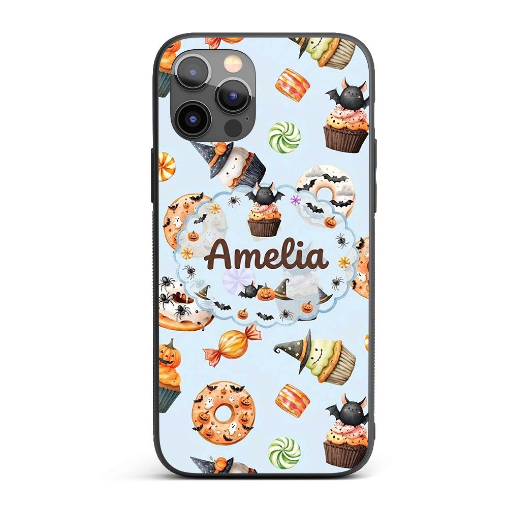 Cute Halloween Donuts Cupcakes Bats and Candy Custom Name Protective Phone Case Mobile Cover Durable Everyday Smartphone Shock Resistant
