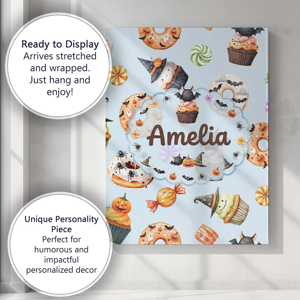 Personalised Name Cute Halloween Donuts Custom Modern Room Accent Elegant Feature Canvas Wall Art Print Decor Picture Ready to Hang