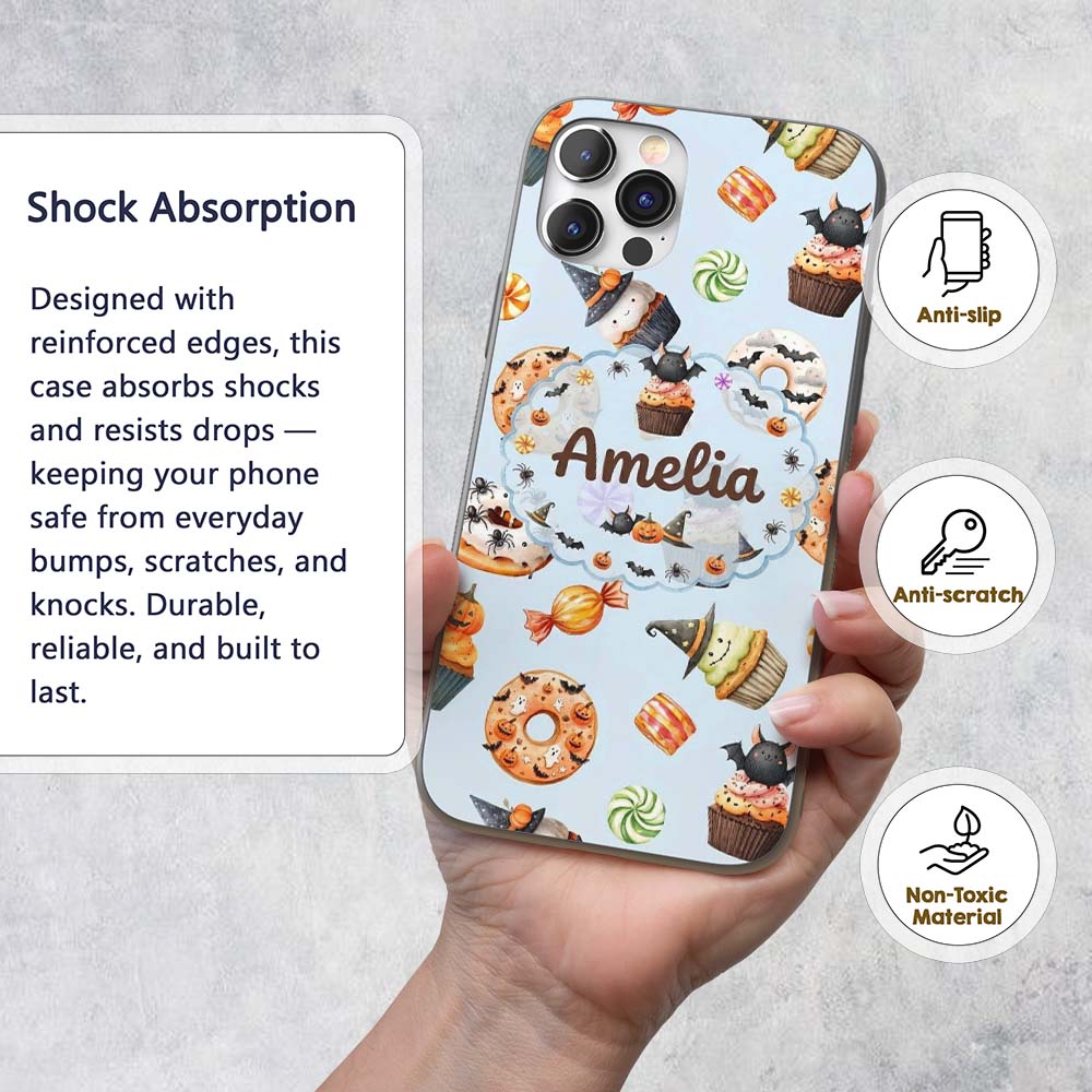 Cute Halloween Donuts Cupcakes Bats and Candy Custom Name Protective Phone Case Mobile Cover Durable Everyday Smartphone Shock Resistant