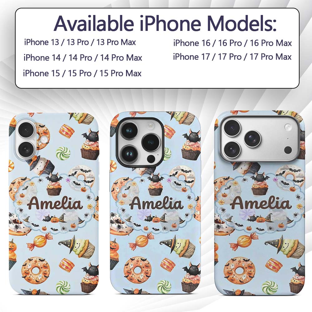 Cute Halloween Donuts Cupcakes Bats and Candy Custom Name Protective Phone Case Mobile Cover Durable Everyday Smartphone Shock Resistant