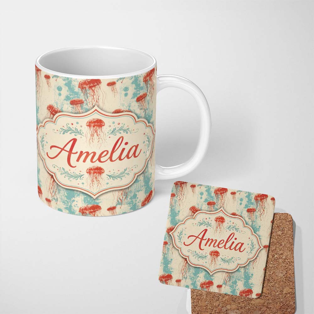 Personalized Custom Name Red Jellyfish Illustration on Distressed BlueBackground Ocean Lovely 11oz Ceramic Coffee Tea Mug White Large Handle