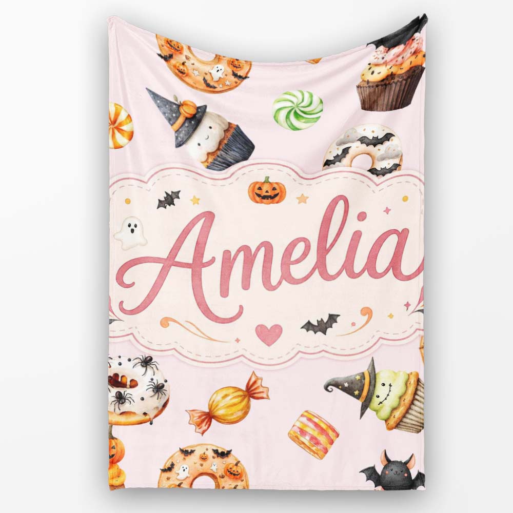 Cute Halloween Donuts Cupcakes Bats and Candy Soft Pink Background Personalised Custom Name Super Soft Fleece Blanket Bed Sofa Throw