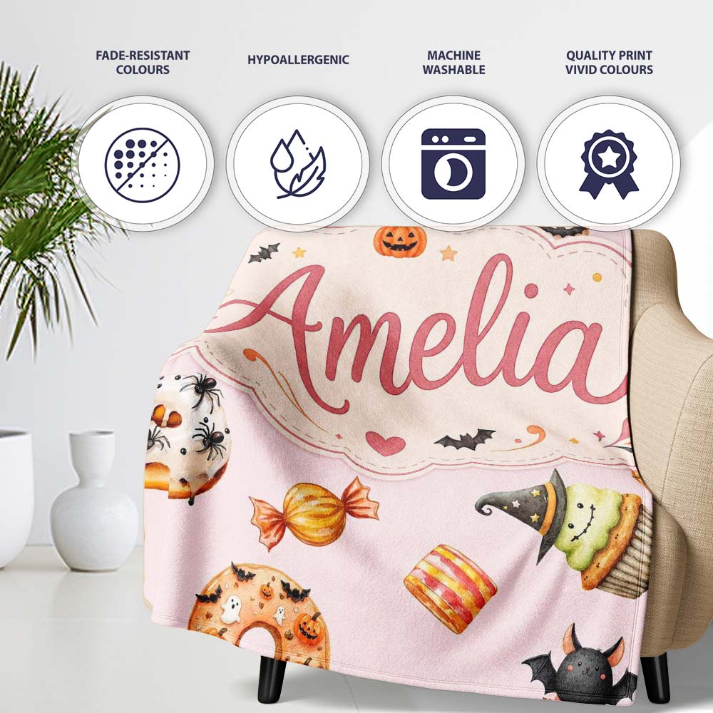 Cute Halloween Donuts Cupcakes Bats and Candy Soft Pink Background Personalised Custom Name Super Soft Fleece Blanket Bed Sofa Throw