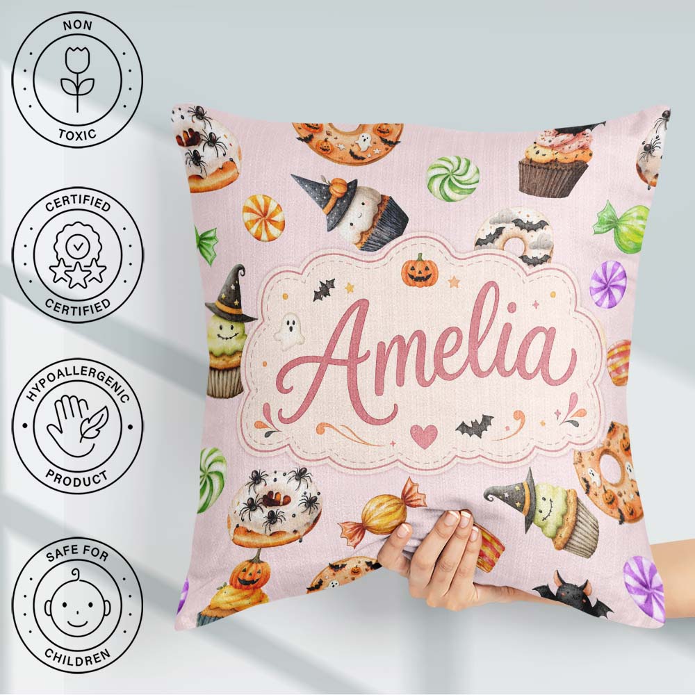 Custom Name Halloween Donuts Bats and Candy Soft Pink Background Square Filled Cushion Throw Pillow Sofa Bed Home Decor Zip Washable UK Made