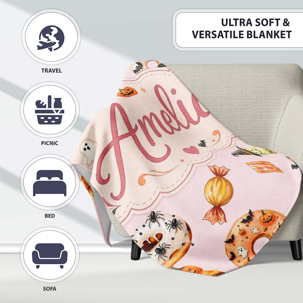 Cute Halloween Donuts Cupcakes Bats and Candy Soft Pink Background Personalised Custom Name Super Soft Fleece Blanket Bed Sofa Throw