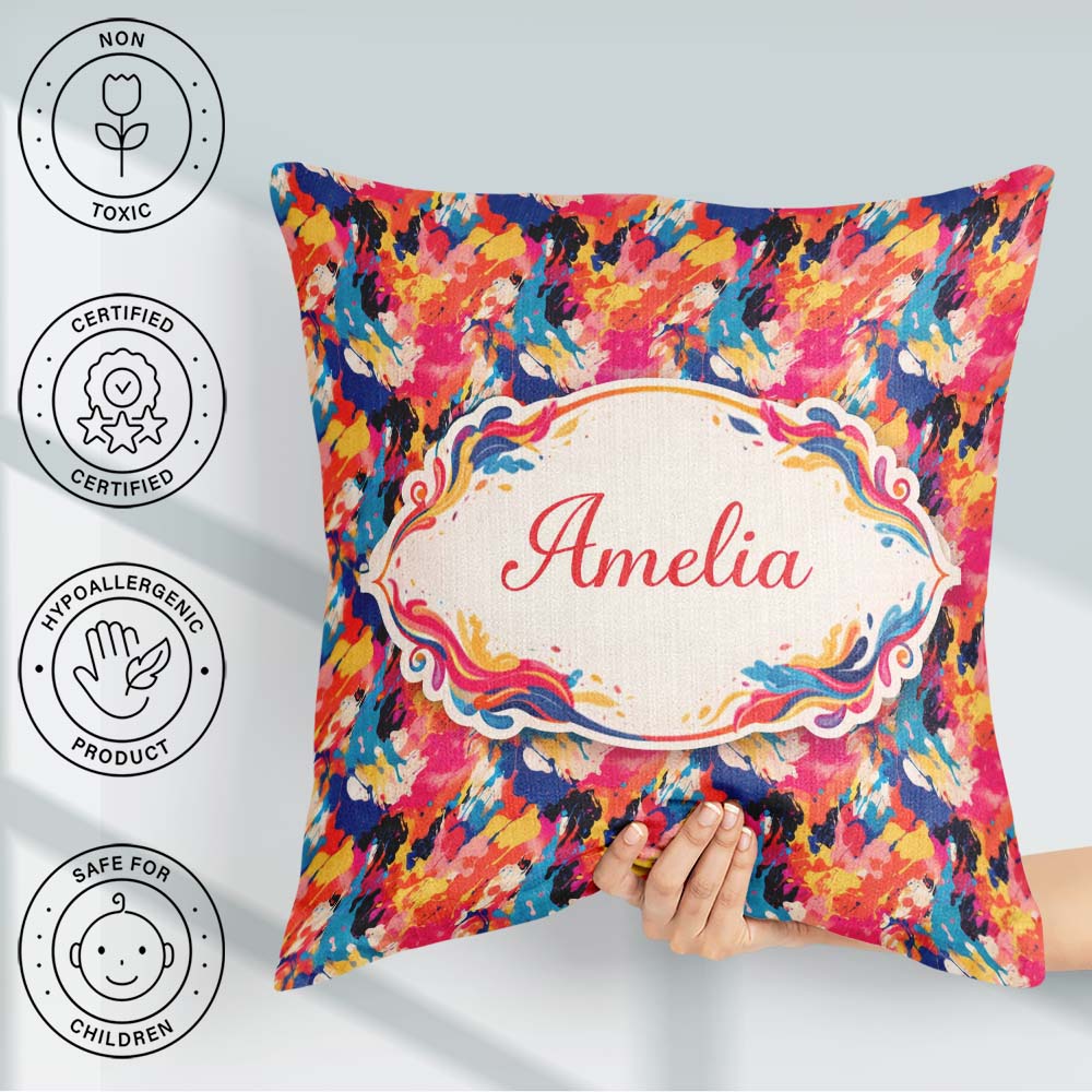 Custom Name Neon Paint Splash Dark Background Abstract Pattern Square Filled Cushion Throw Pillow Sofa Bed Home Decor Zip Washable UK Made