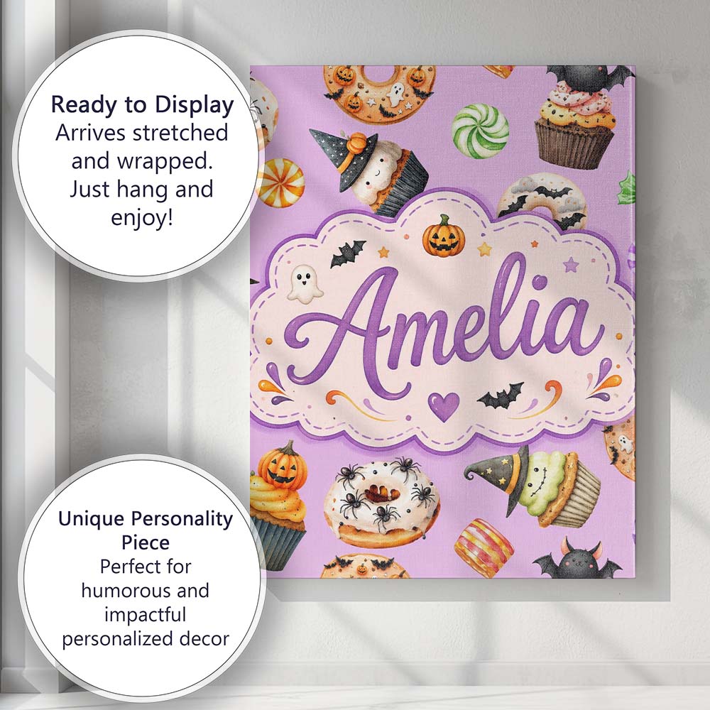 Personalised Name Cute Halloween Donuts Custom Modern Room Accent Elegant Feature Canvas Wall Art Print Decor Picture Ready to Hang