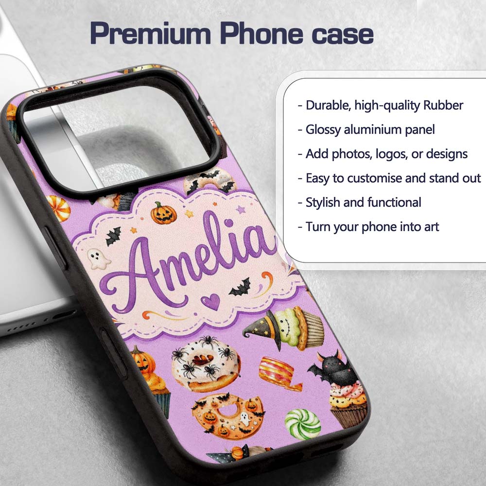 Cute Halloween Donuts Cupcakes Bats Candy and Custom Name Protective Phone Case Mobile Cover Durable Everyday Smartphone Shock Resistant