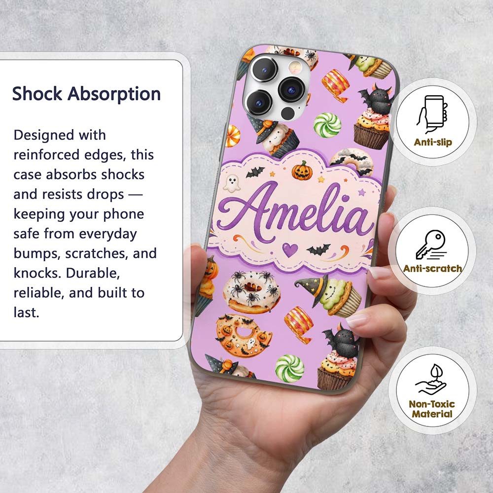 Cute Halloween Donuts Cupcakes Bats Candy and Custom Name Protective Phone Case Mobile Cover Durable Everyday Smartphone Shock Resistant