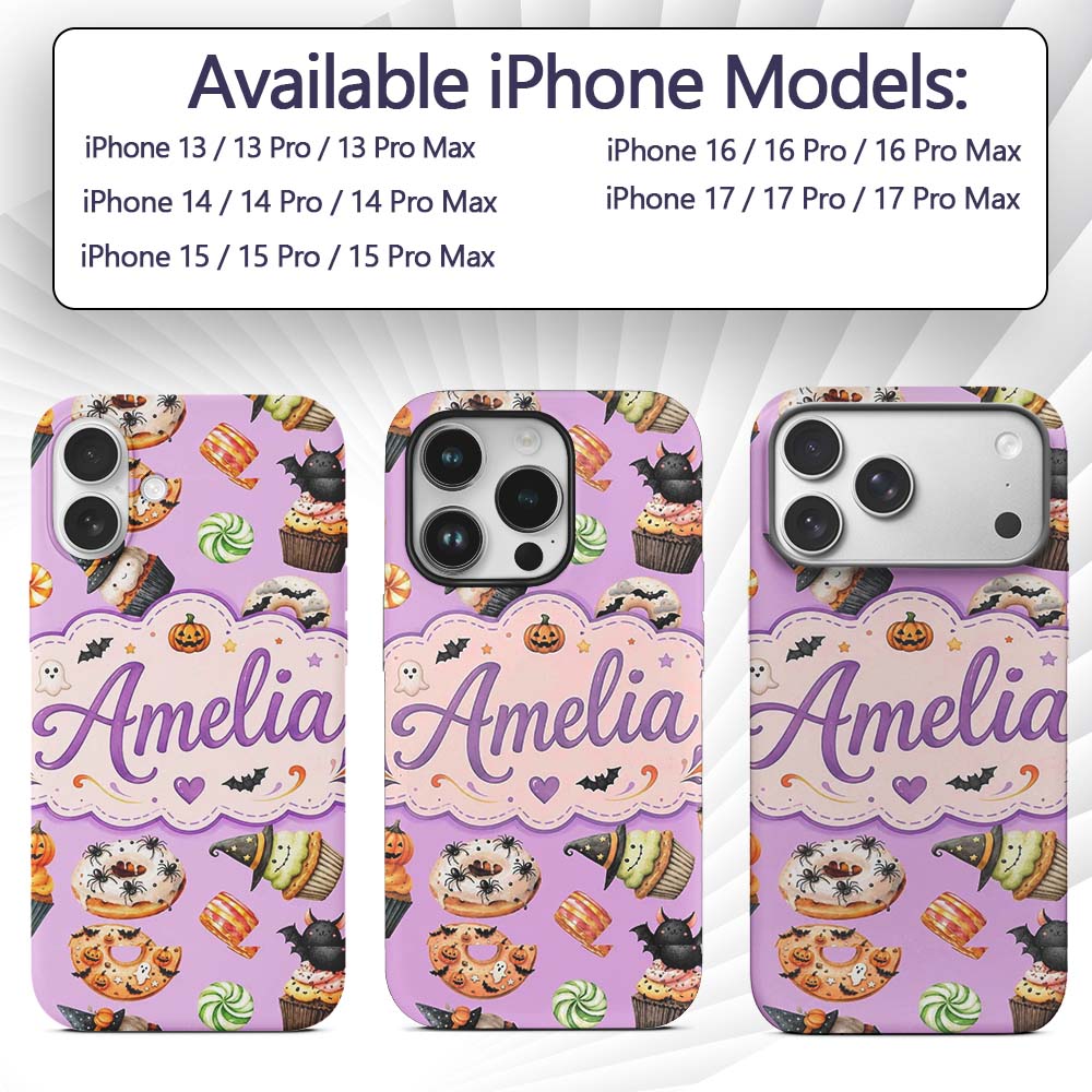 Cute Halloween Donuts Cupcakes Bats Candy and Custom Name Protective Phone Case Mobile Cover Durable Everyday Smartphone Shock Resistant