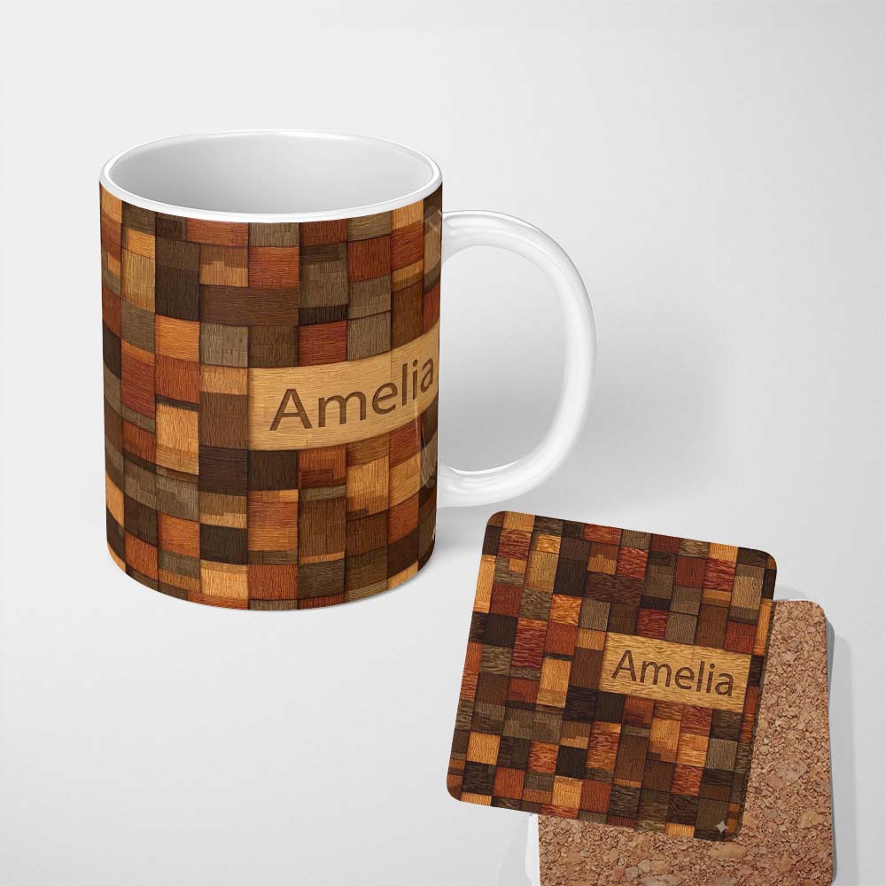 Personalized Custom Name Wooden Parquet Square Texture Seamless Pattern Thoughtful Gift Idea 11oz Ceramic Coffee Tea Mug White Large Handle