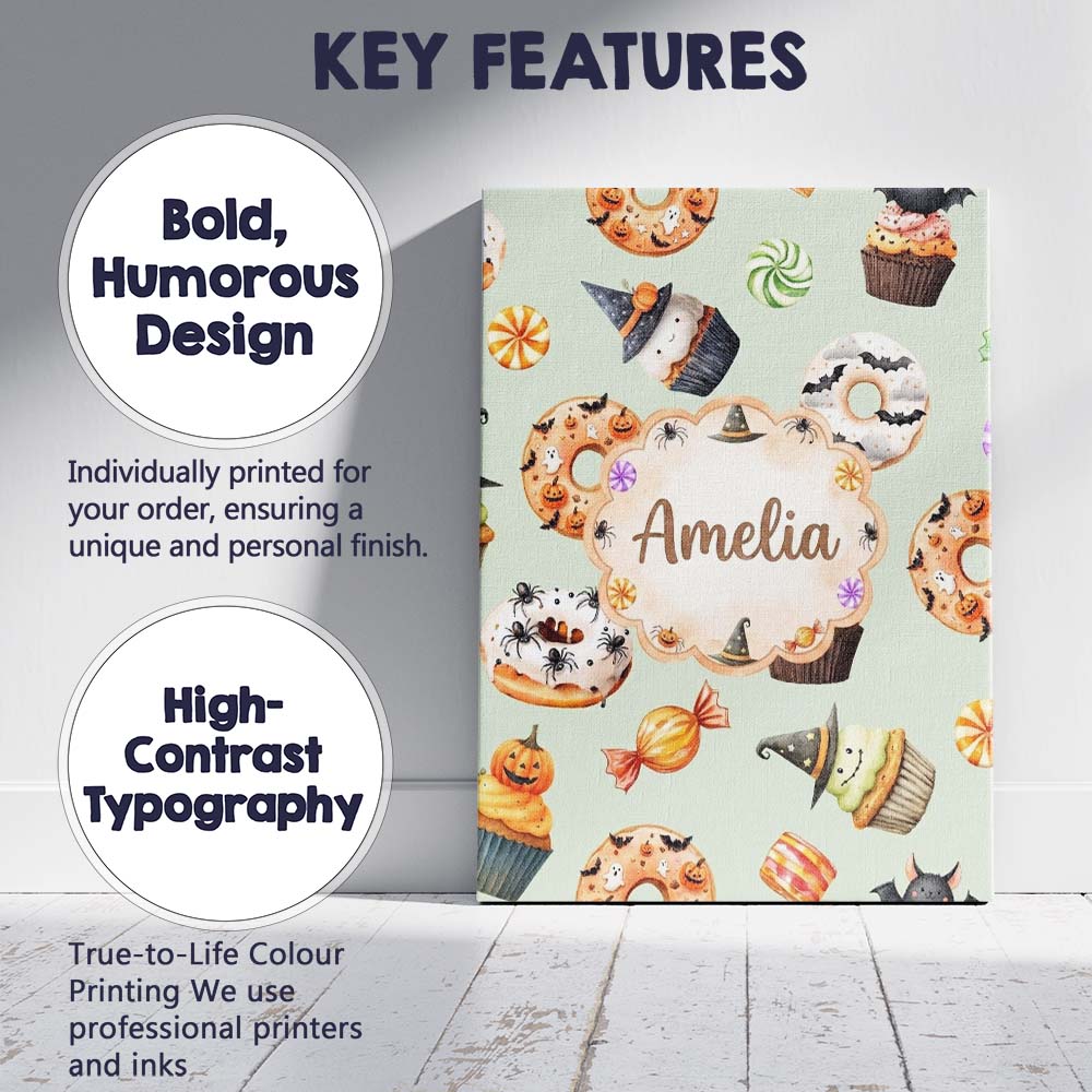 Personalised Name Cute Halloween Donuts Custom Modern Room Accent Elegant Feature Canvas Wall Art Print Decor Picture Ready to Hang