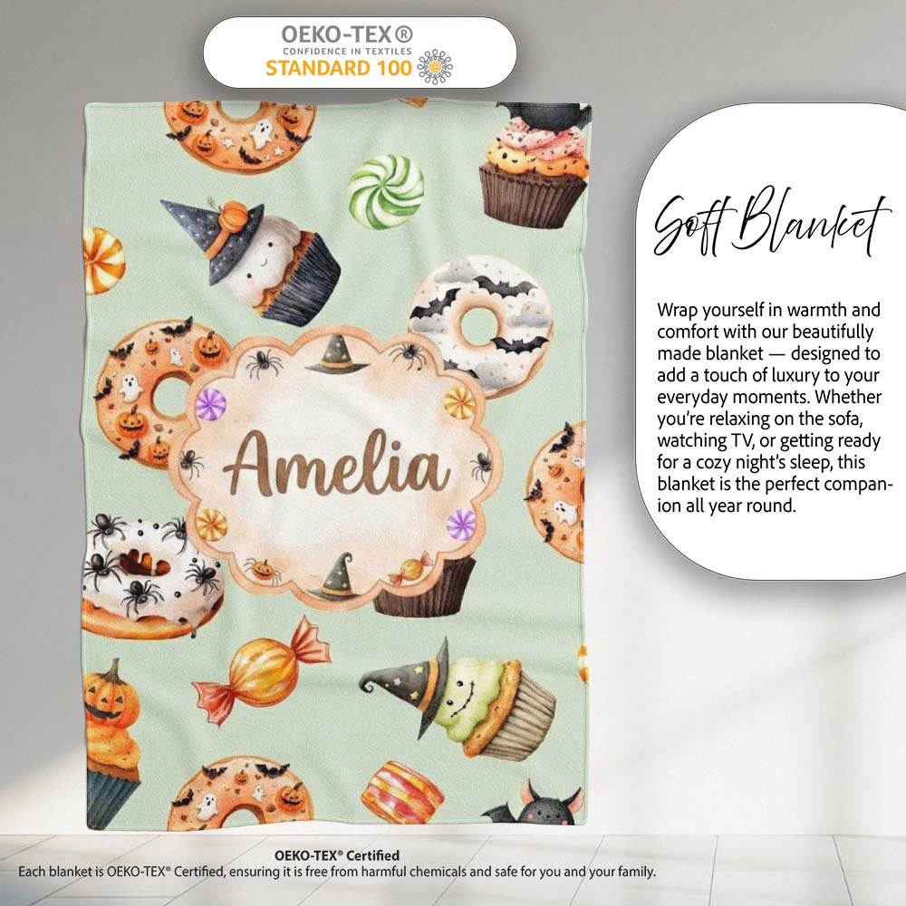 Cute Halloween Donuts Cupcakes Bats Candy and Pumpkins Sage Green Personalised Custom Name Super Soft Fleece Blanket Bed Sofa Throw