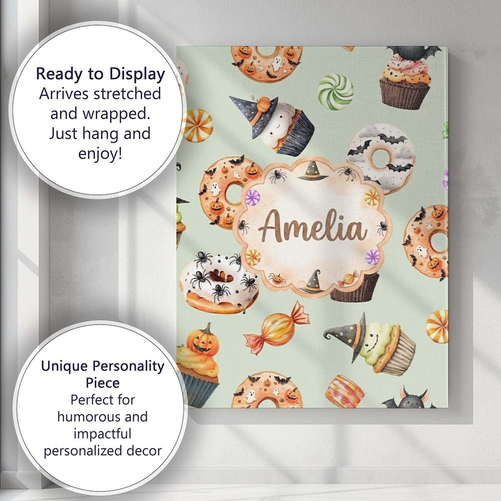Personalised Name Cute Halloween Donuts Custom Modern Room Accent Elegant Feature Canvas Wall Art Print Decor Picture Ready to Hang