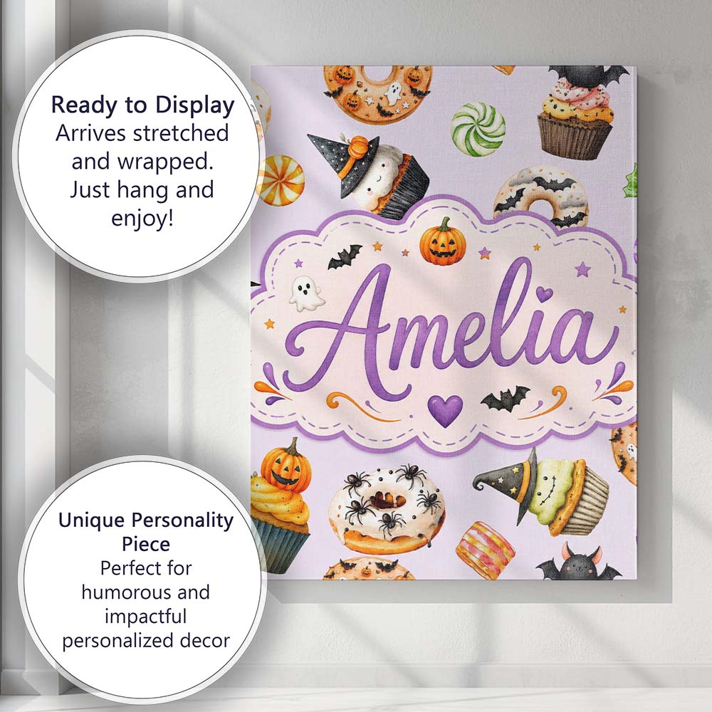 Personalised Name Halloween Donuts Cupcakes Custom Bespoke Interior Contemporary Canvas Wall Art Print Decor Picture Ready to Hang
