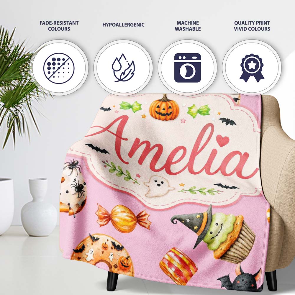 Cute Halloween Donuts Cupcakes Bats Candy and Pumpkins Pink Lovely Personalised Custom Name Super Soft Fleece Blanket Bed Sofa Throw