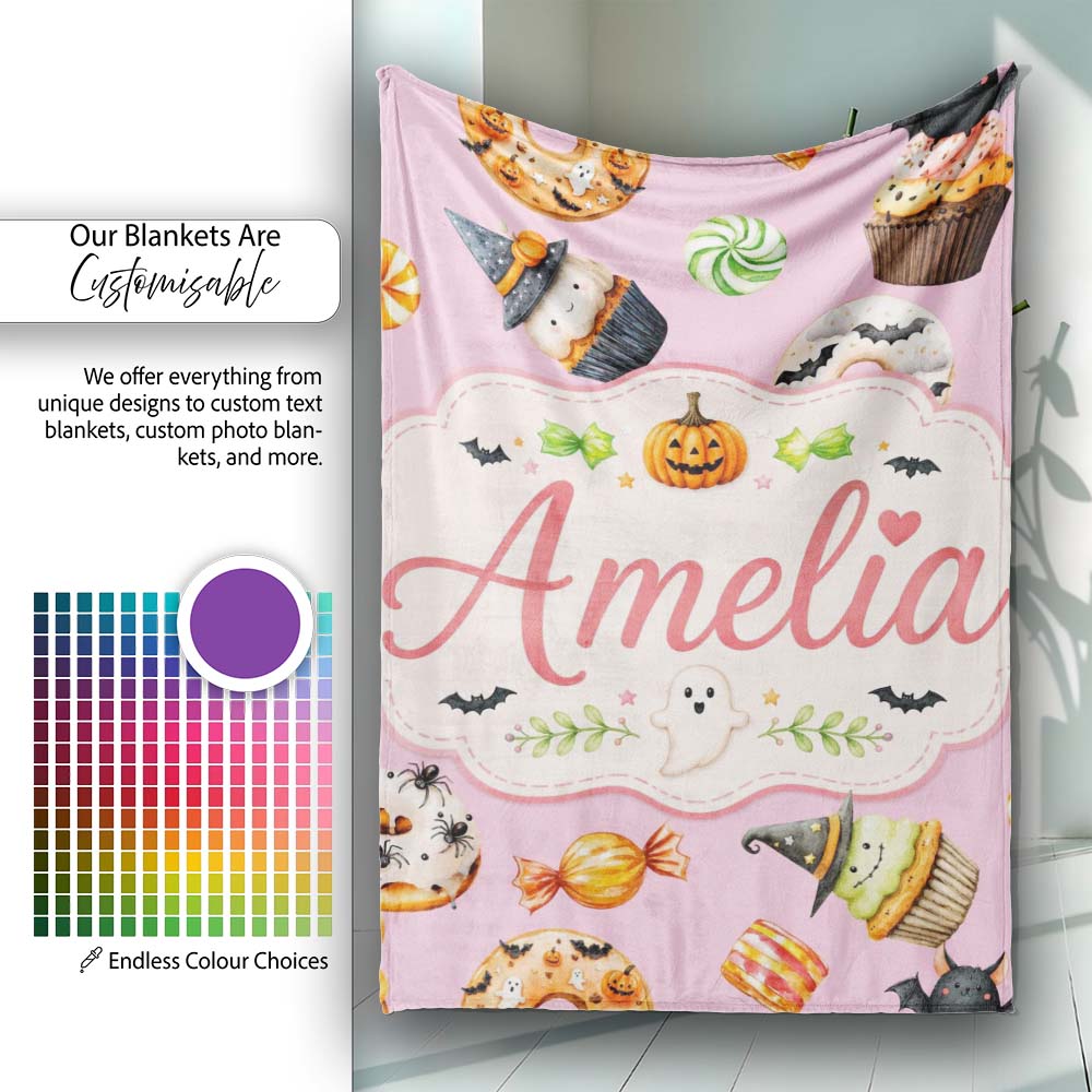Cute Halloween Donuts Cupcakes Bats Candy and Pumpkins Pink Lovely Personalised Custom Name Super Soft Fleece Blanket Bed Sofa Throw