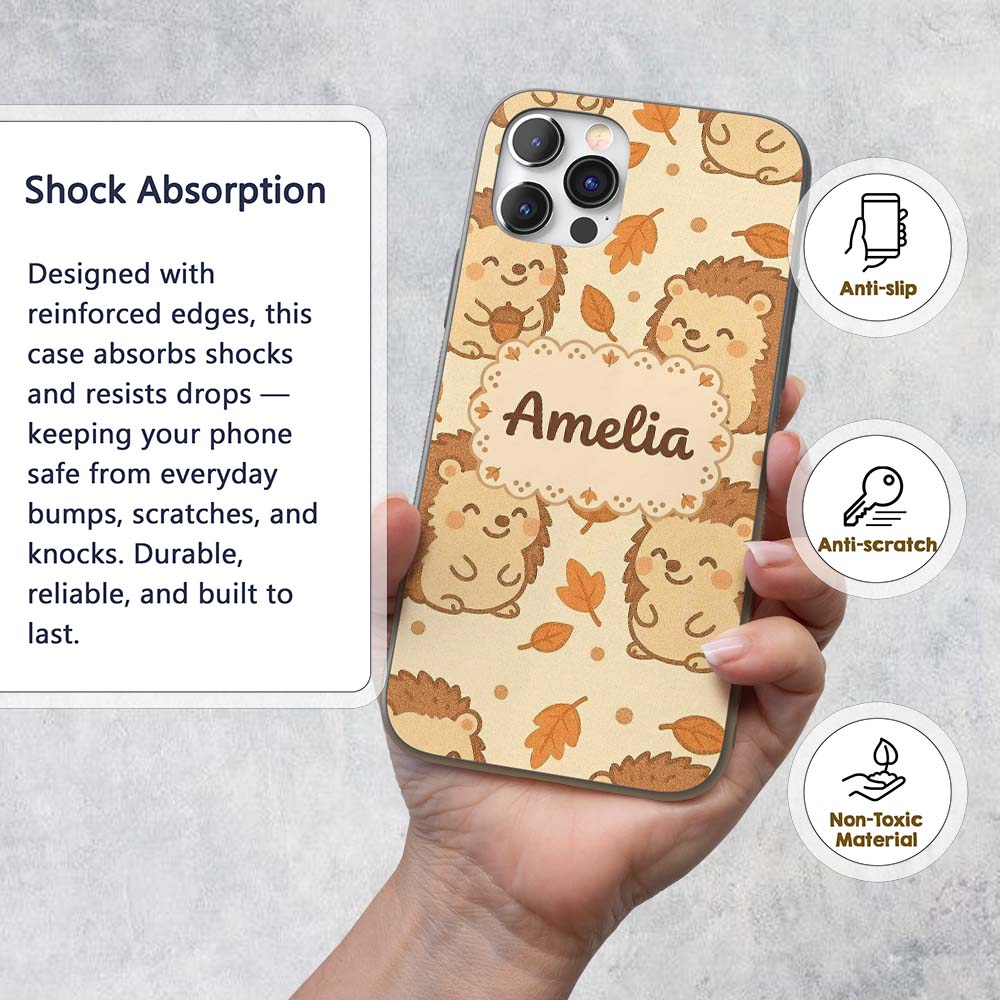 Cute Hedgehog Autumn Cartoon Decorative Design Custom Name Protective Phone Case Mobile Cover Durable Everyday Smartphone Shock Resistant