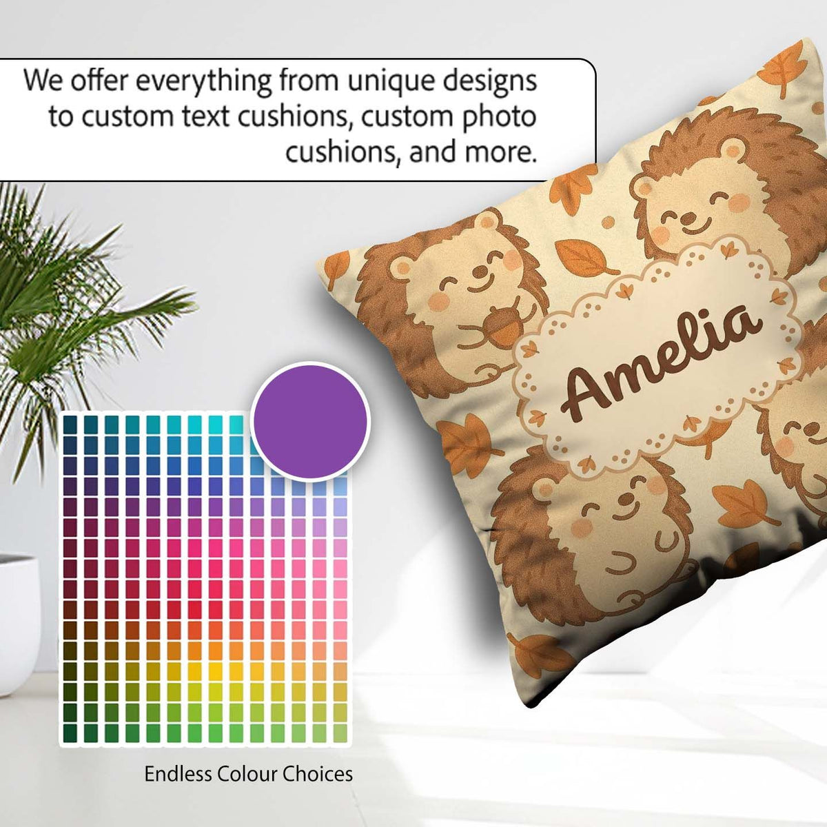 Custom Name Cute Hedgehog Autumn Cartoon Animal Pattern Coffee Square Filled Cushion Throw Pillow Sofa Bed Home Decor Zip Washable UK Made