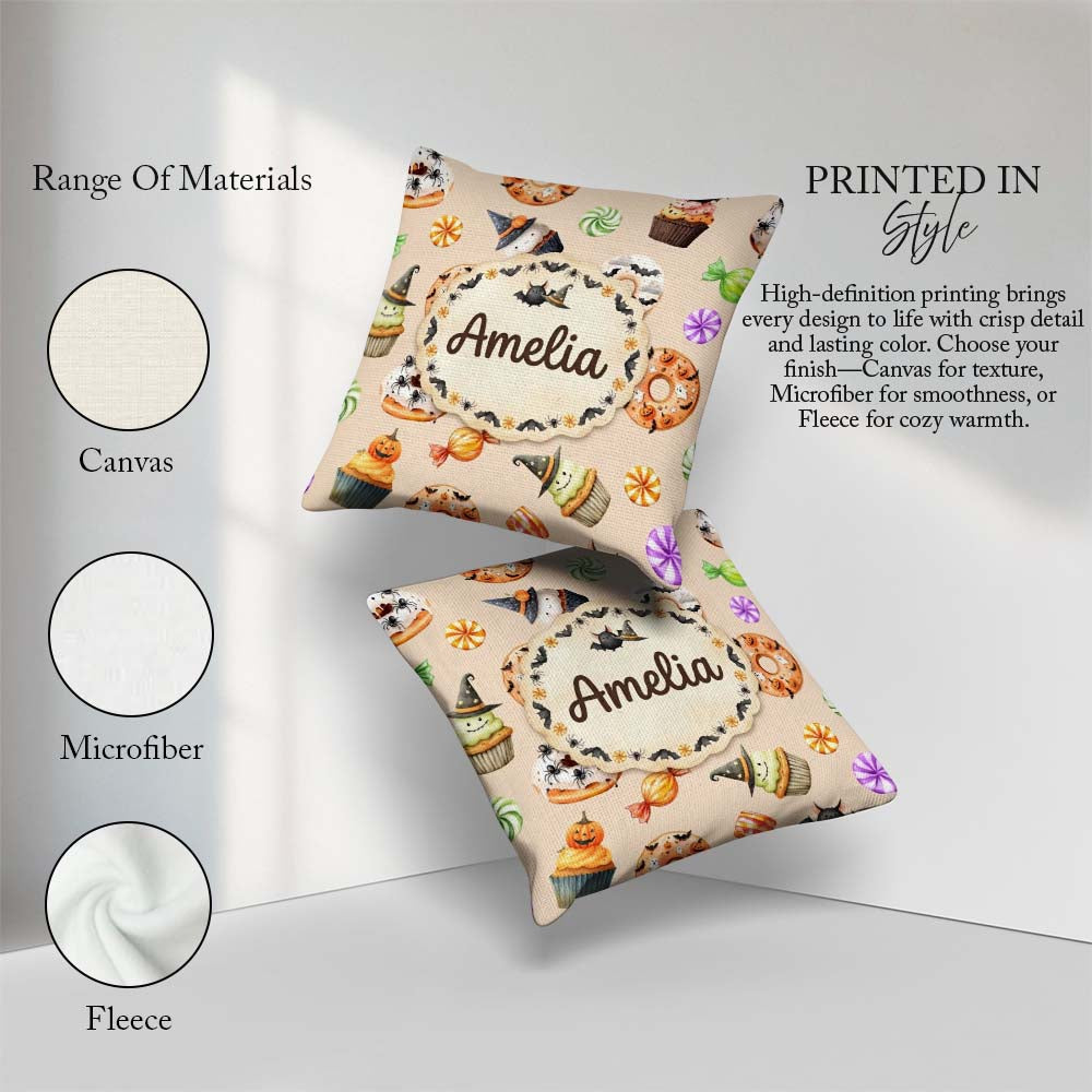 Custom Name Cute Halloween Donuts Cupcakes Bats Candy and Beige Square Filled Cushion Throw Pillow Sofa Bed Home Decor Zip Washable UK Made