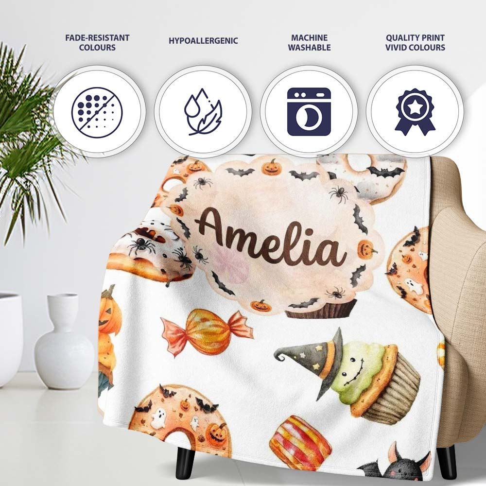 Cute Halloween Donuts Cupcakes Bats Candy and Pumpkins White Lovely Personalised Custom Name Super Soft Fleece Blanket Bed Sofa Throw