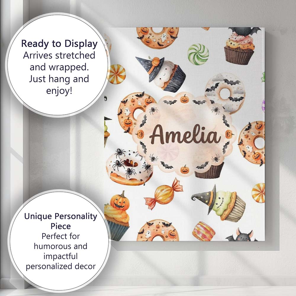 Personalised Name Cute Halloween Donuts Custom Modern Room Accent Elegant Feature Canvas Wall Art Print Decor Picture Ready to Hang