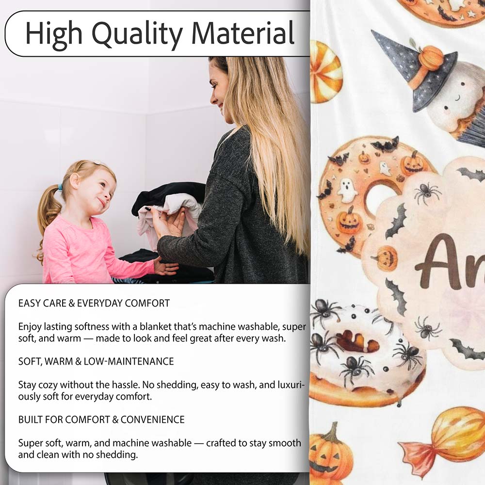 Cute Halloween Donuts Cupcakes Bats Candy and Pumpkins White Lovely Personalised Custom Name Super Soft Fleece Blanket Bed Sofa Throw
