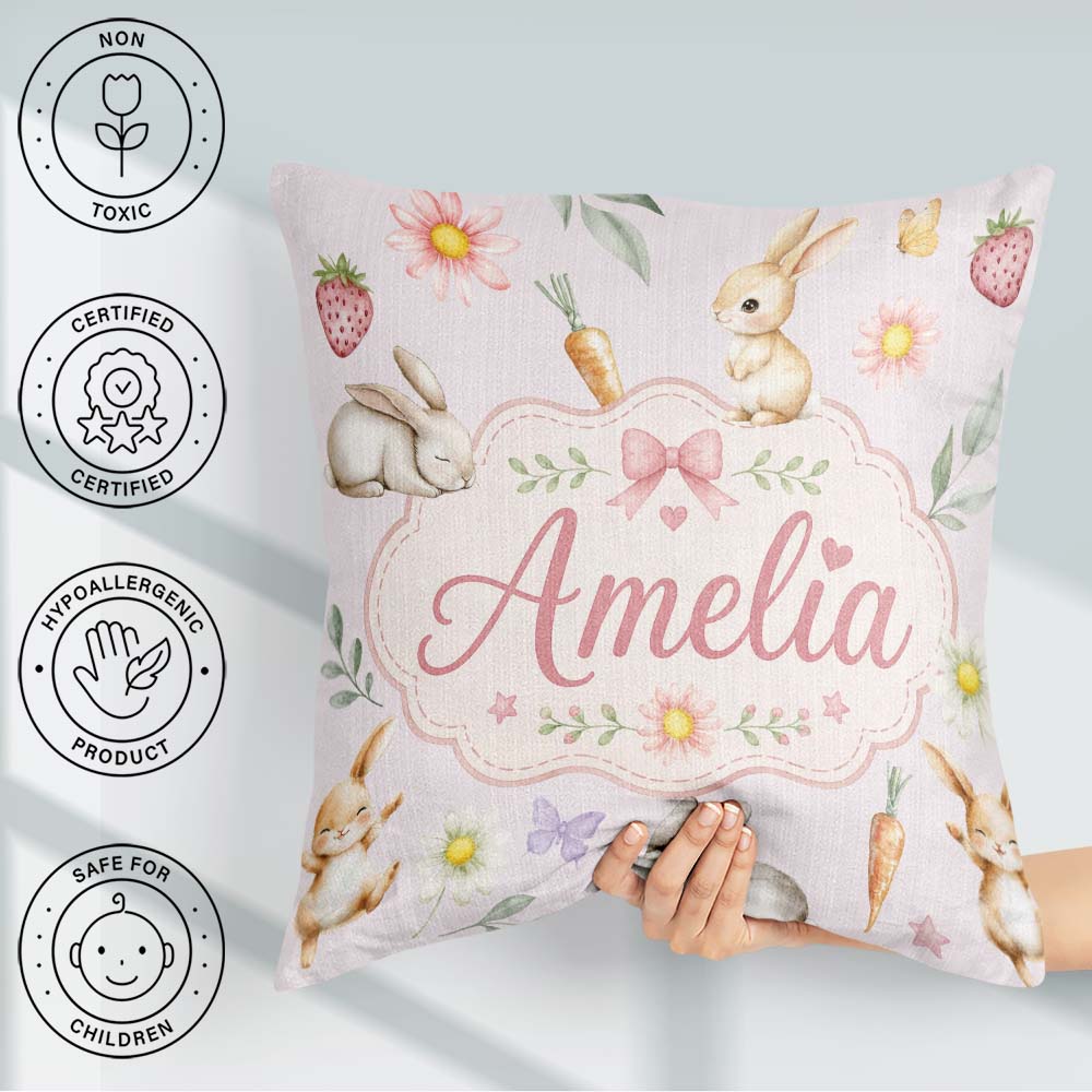 Custom Name Bunny Rabbits with Flowers Carrots and Soft Neutral Square Filled Cushion Throw Pillow Sofa Bed Home Decor Zip Washable UK Made