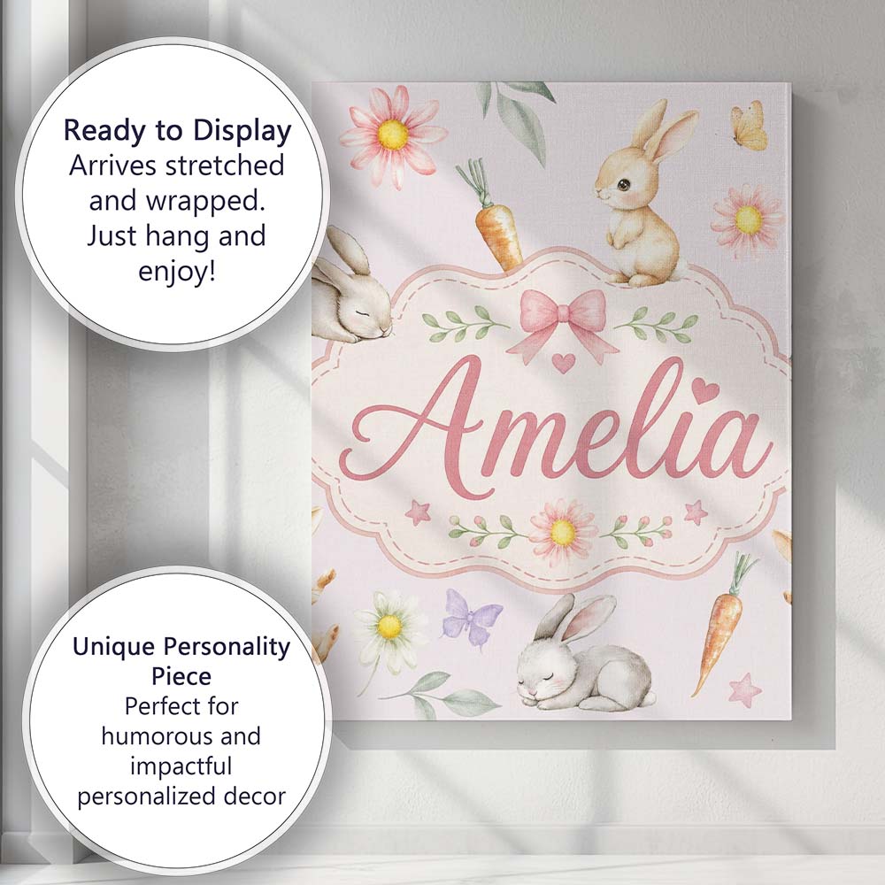 Personalised Name Bunny Rabbits with Custom Premium Decorative Design Modern Room Accent Canvas Wall Art Print Decor Picture Ready to Hang