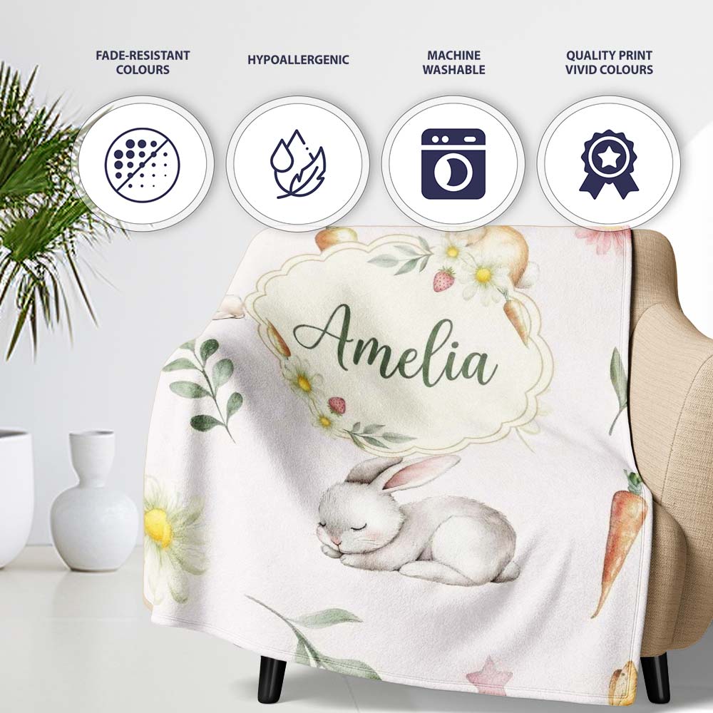 Cute Bunny Rabbits with Flowers Carrots and Butterflies Cream Lovely Personalised Custom Name Super Soft Fleece Blanket Bed Sofa Throw