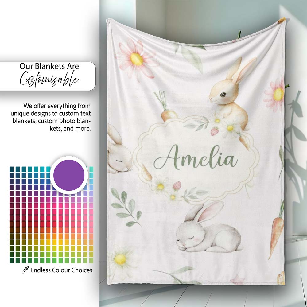 Cute Bunny Rabbits with Flowers Carrots and Butterflies Cream Lovely Personalised Custom Name Super Soft Fleece Blanket Bed Sofa Throw