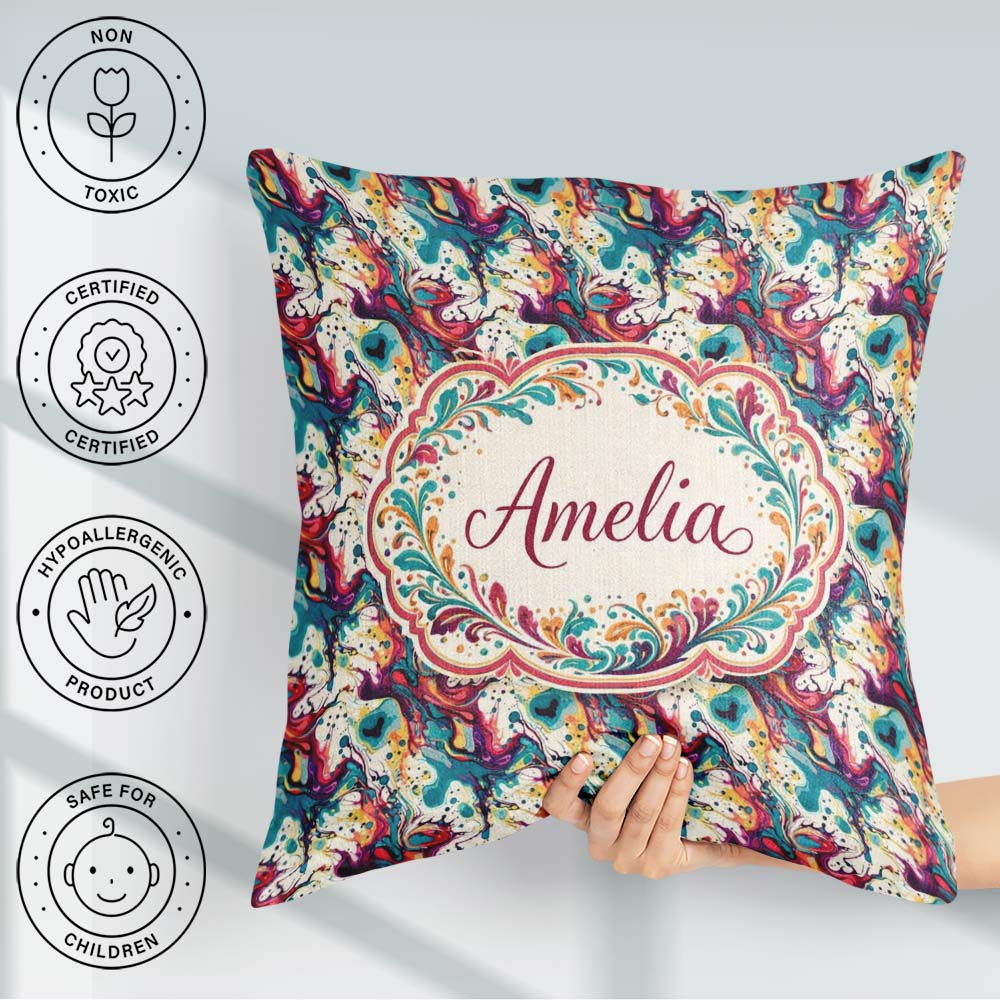 Custom Name Vibrant Fluid Art Pink Teal Yellow Abstract Pattern Square Filled Cushion Throw Pillow Sofa Bed Home Decor Zip Washable UK Made